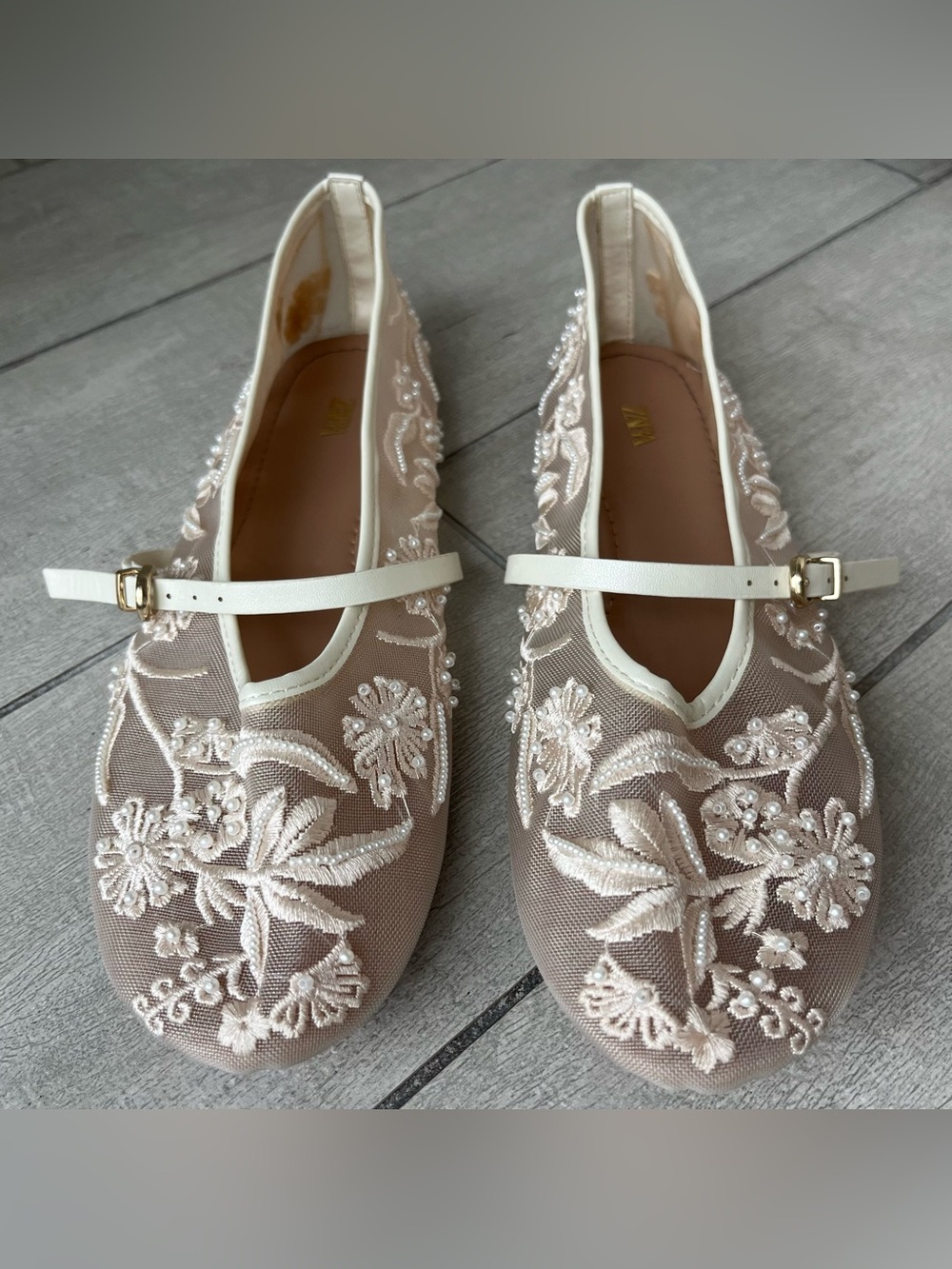 Zara Mesh Embroidered Ballet Floral Pearls Lace Flats Shoes Cream 8 Wedding Shoe - Picture 4 of 14